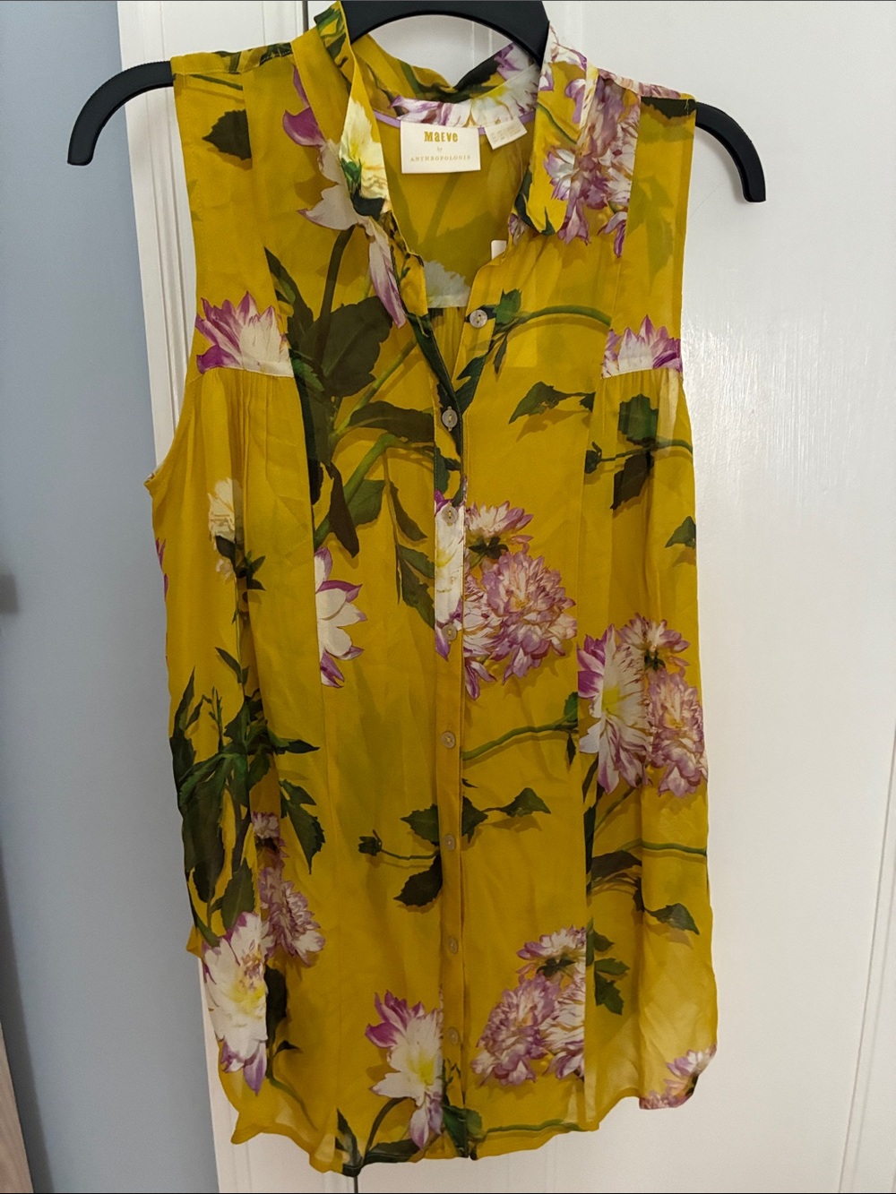 Anthropologie Yellow Floral Sleeveless Button-Front Camisole